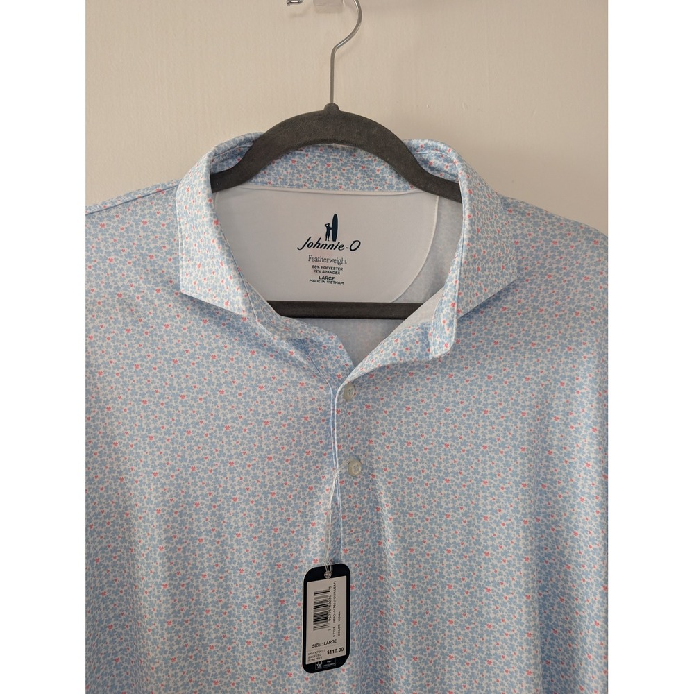 Johnnie-O Mens L Golf Polo Featherweight Blue Floral Shamrock Kona Performance